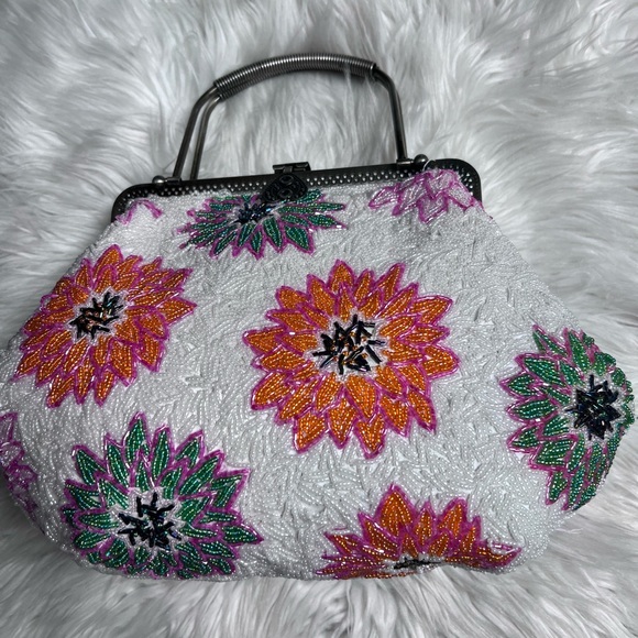 None Handbags - Floral Beaded Clutch with Silver Handle